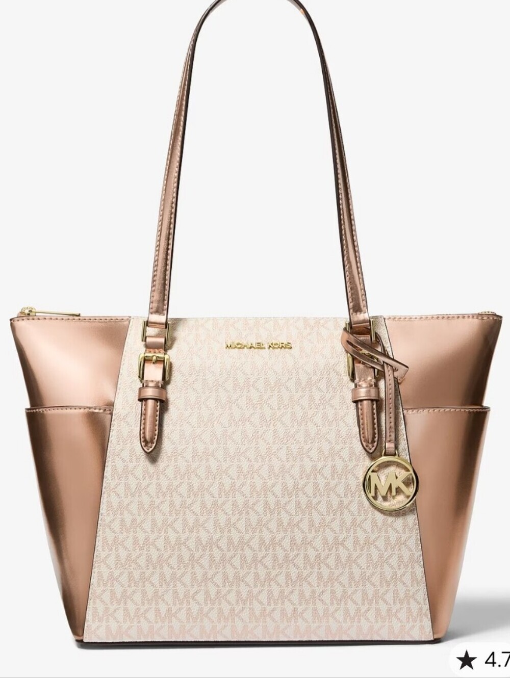 Michael Kors Charlotte Large Signature Logo Rose Gold Metallic Top Zip Tote New